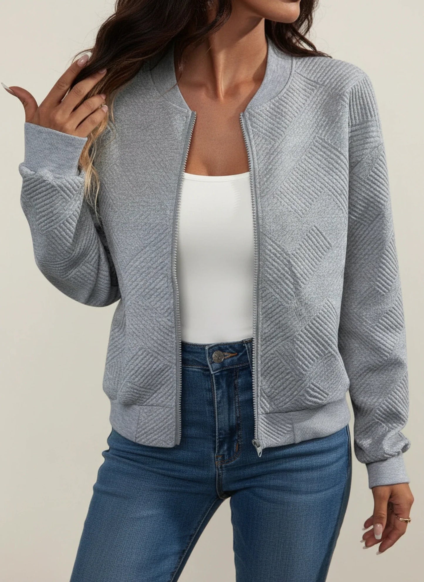 Ribbed Bomber Jacket with Zipper for in Black - styled look