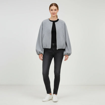 Luvrefashion | Zip Up Bomber Jacket with Balloon Sleeves in Khaki - image 6