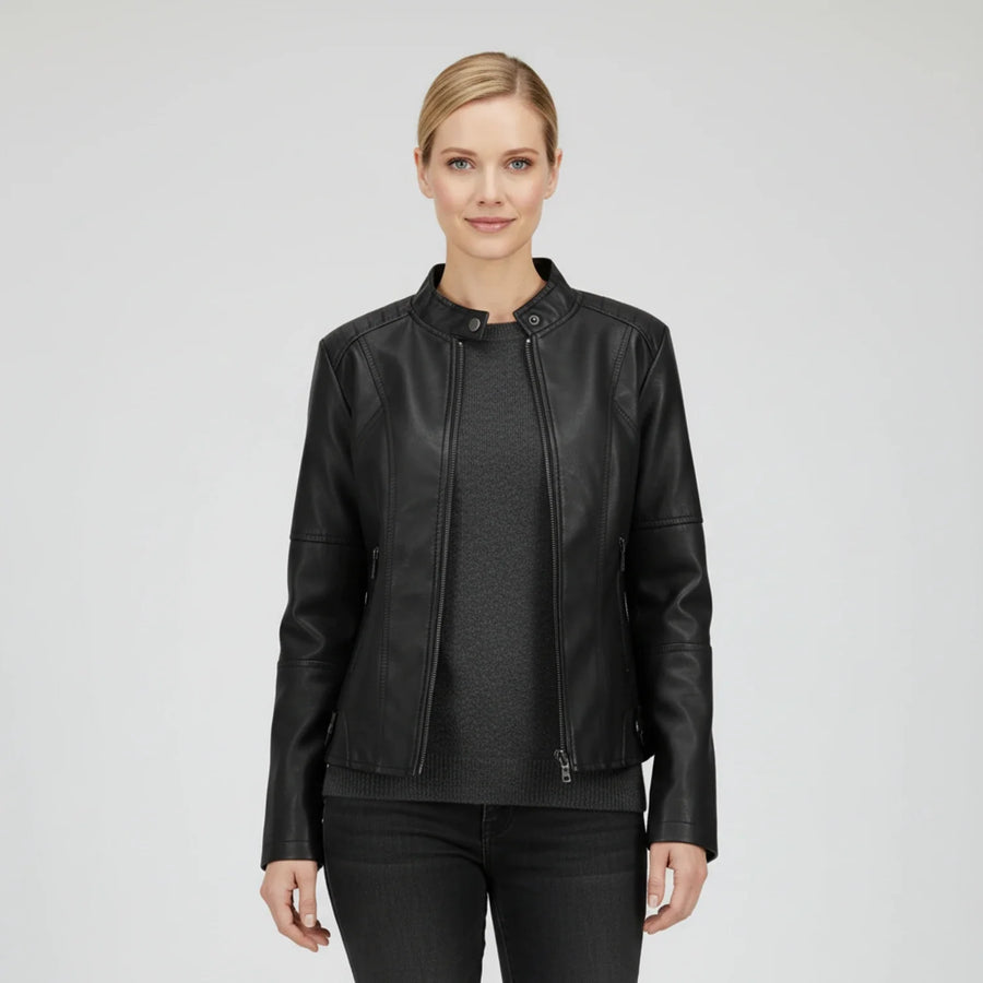 Luvrefashion | Ladies' Motorcycle Biker Jacket with Zippered Pockets in Black - front view
