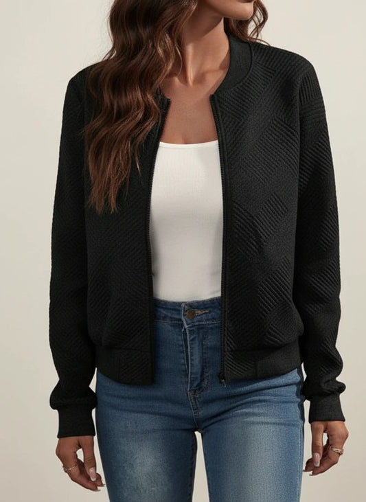 Ribbed Bomber Jacket with Zipper for in Black - front view
