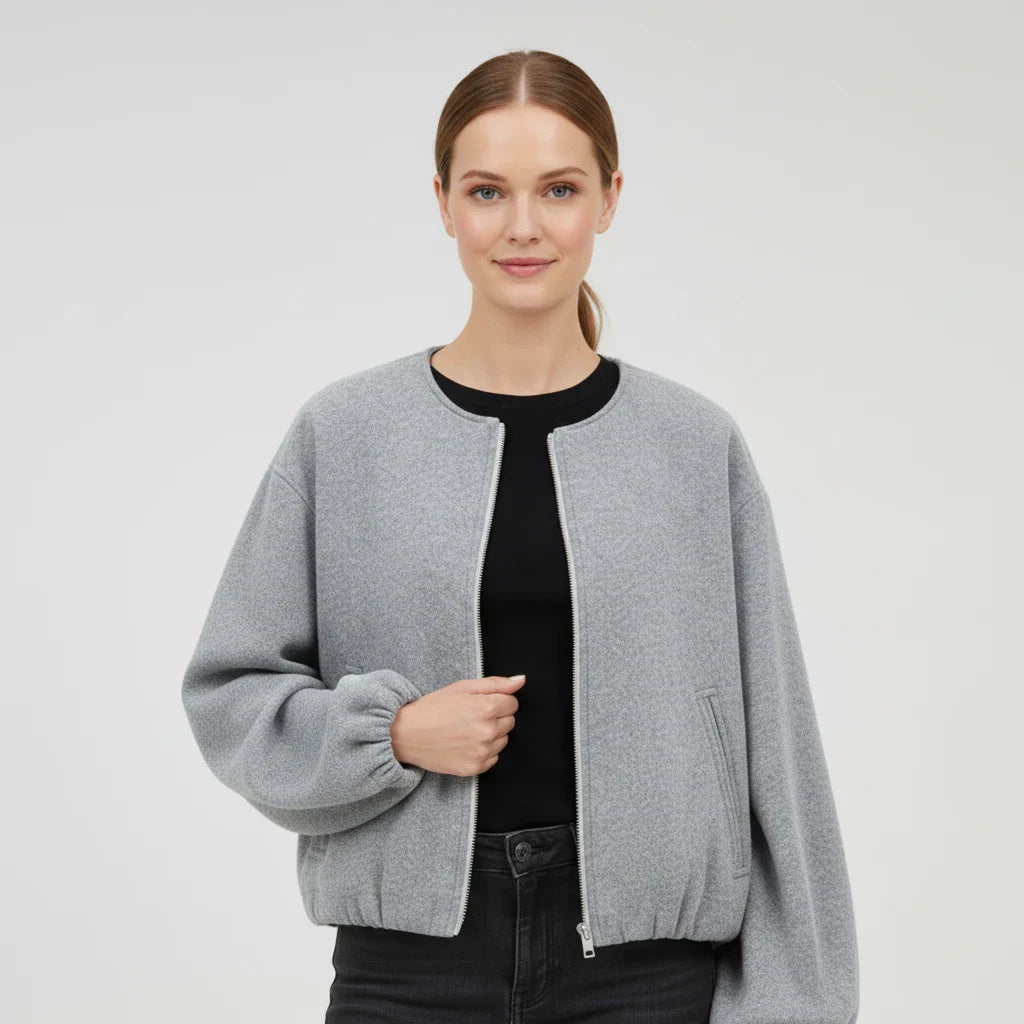 Luvrefashion | Zip Up Bomber Jacket with Balloon Sleeves in Khaki - detail view
