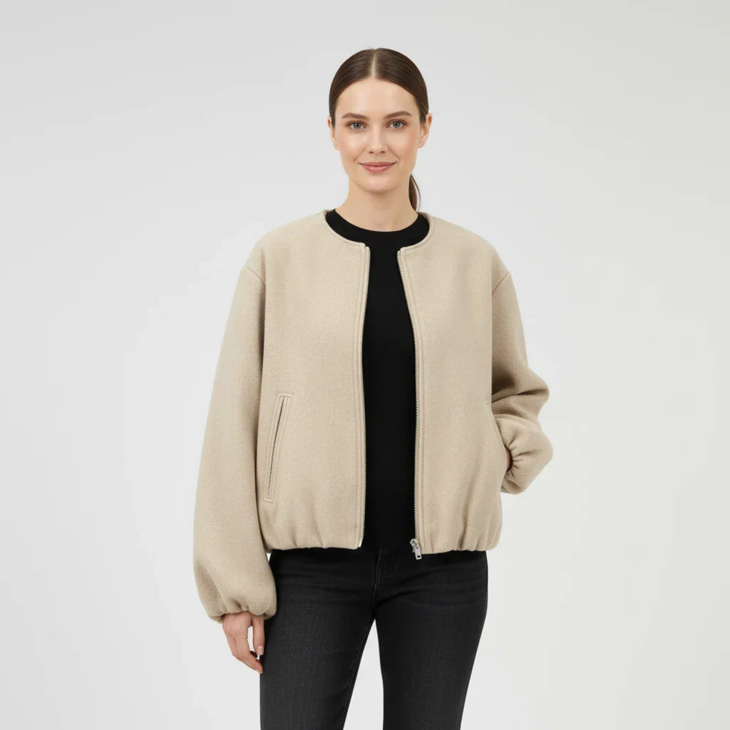 Luvrefashion | Zip Up Bomber Jacket with Balloon Sleeves in Khaki - front view