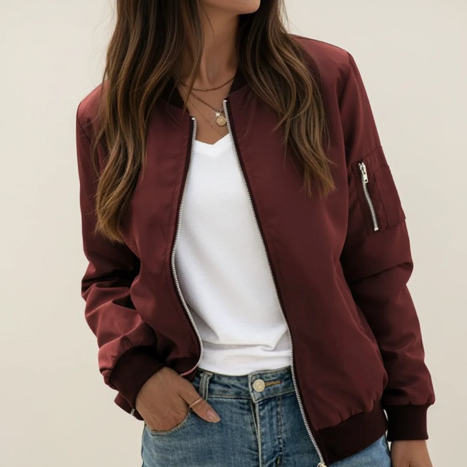 Luvrefashion | Ladies' Zip Front Bomber Jacket in Black - side view