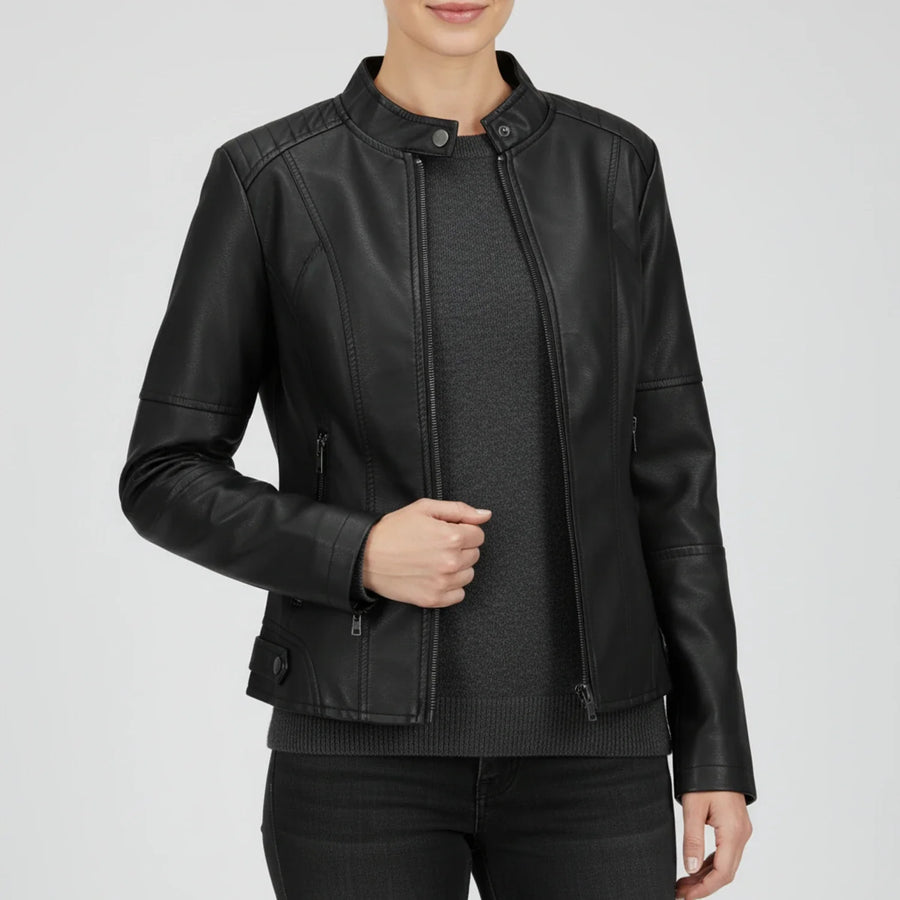 Luvrefashion | Ladies' Motorcycle Biker Jacket with Zippered Pockets in Black - side view