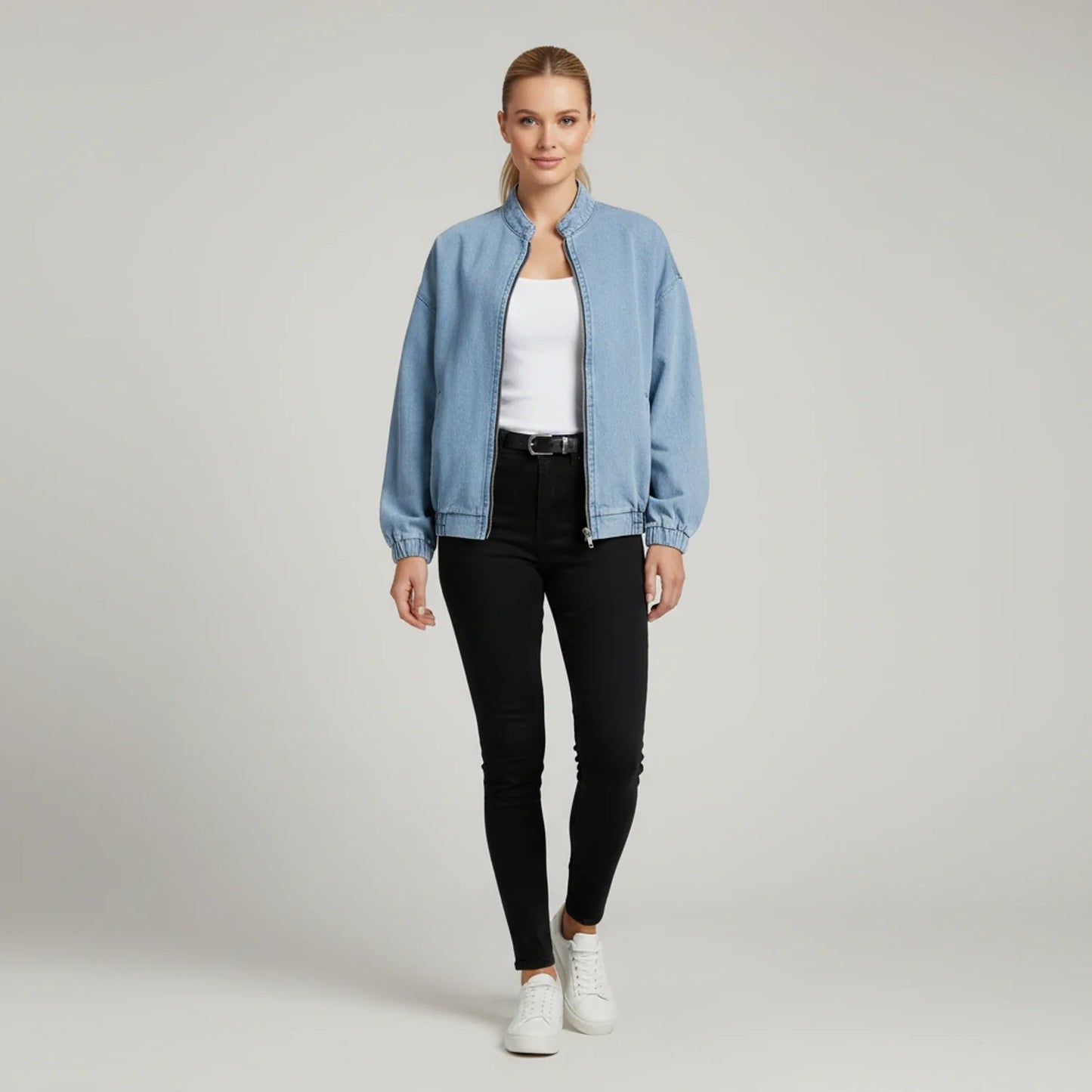 Luvrefashion | Denim Bomber Jacket with Zipper in Blue - back view