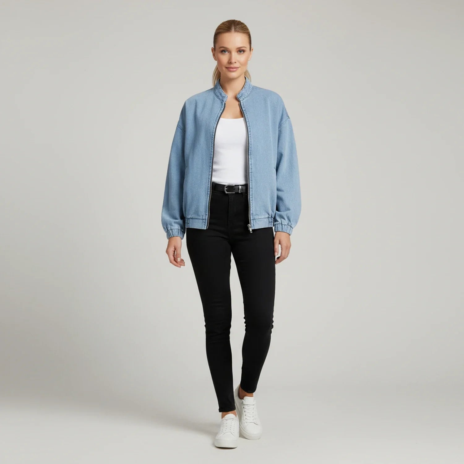 Luvrefashion | Denim Bomber Jacket with Zipper in Blue - back view