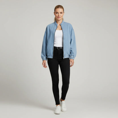 Luvrefashion | Denim Bomber Jacket with Zipper in Blue - back view