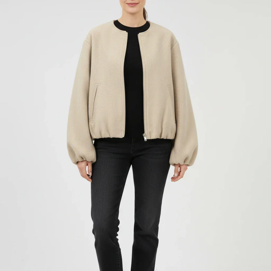 Luvrefashion | Zip Up Bomber Jacket with Balloon Sleeves in Khaki - side view