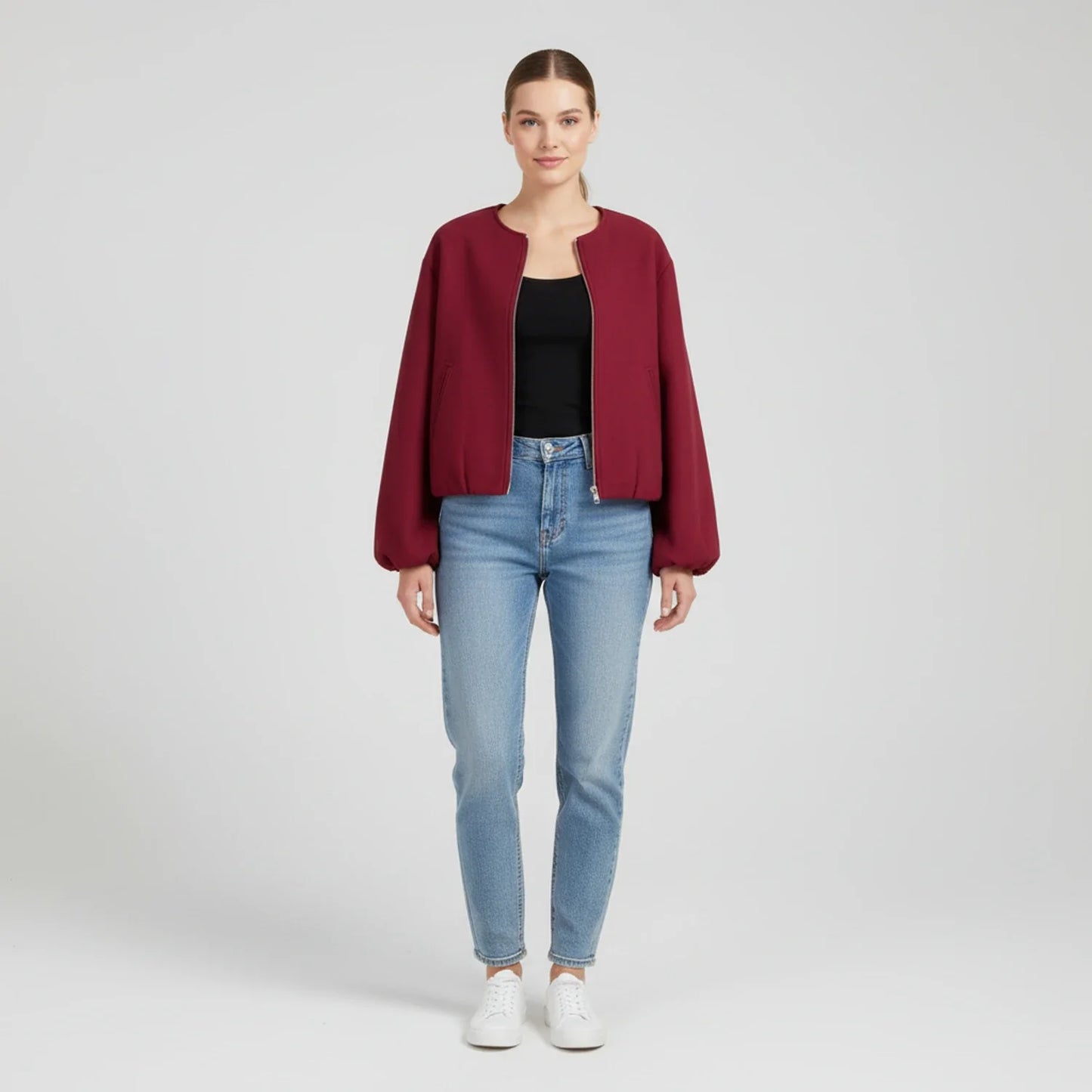 Luvrefashion | Zip Up Bomber Jacket with Balloon Sleeves in Khaki - image 9