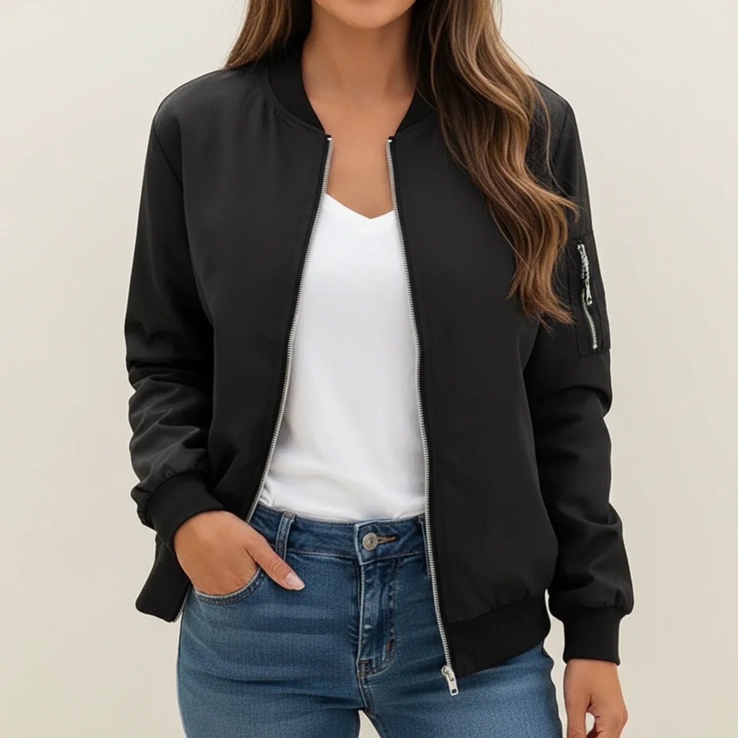 Ladies' Zip Front Bomber Jacket in Black - front view