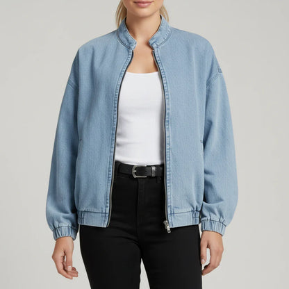 Luvrefashion | Denim Bomber Jacket with Zipper in Blue - side view