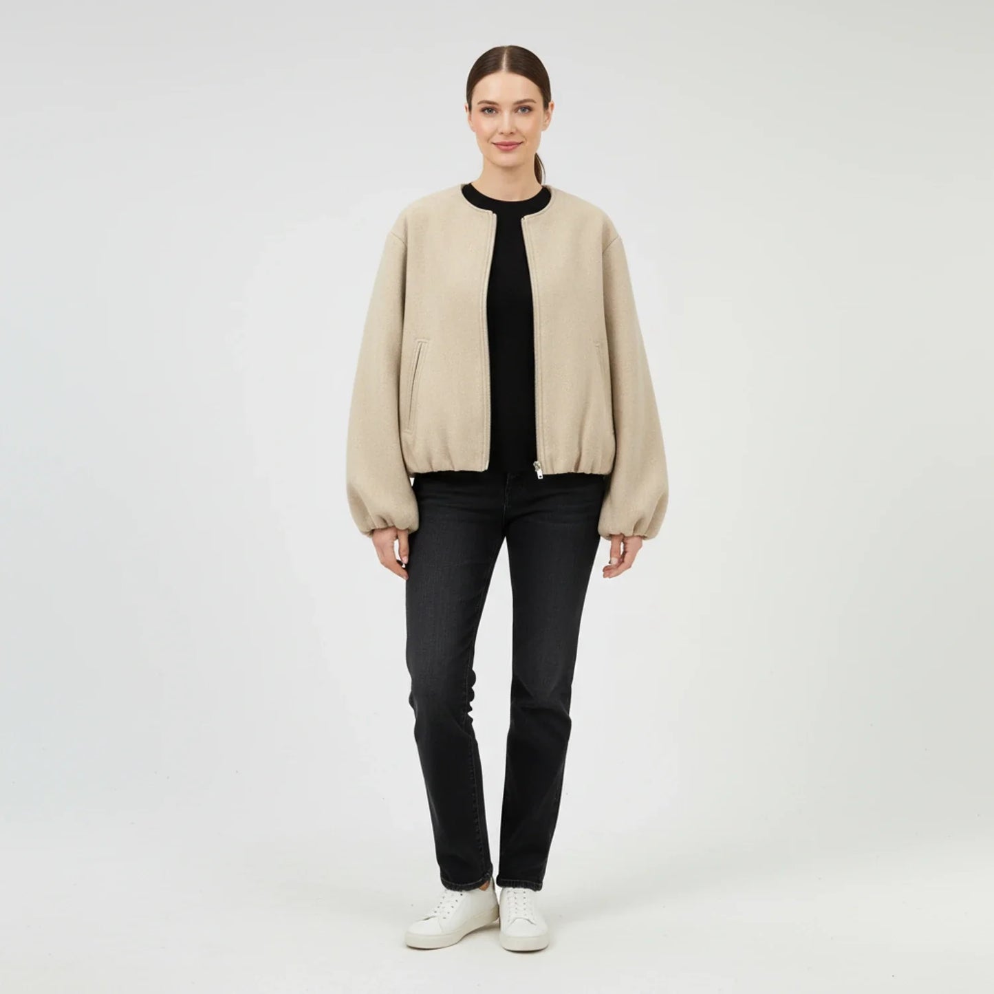 Luvrefashion | Zip Up Bomber Jacket with Balloon Sleeves in Khaki - back view