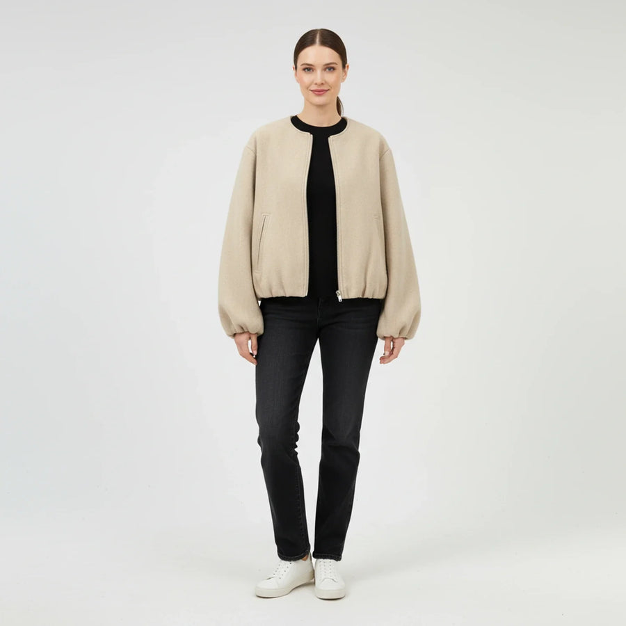 Luvrefashion | Zip Up Bomber Jacket with Balloon Sleeves in Khaki - back view