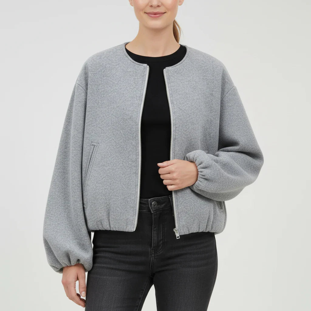 Luvrefashion | Zip Up Bomber Jacket with Balloon Sleeves in Khaki - styled look
