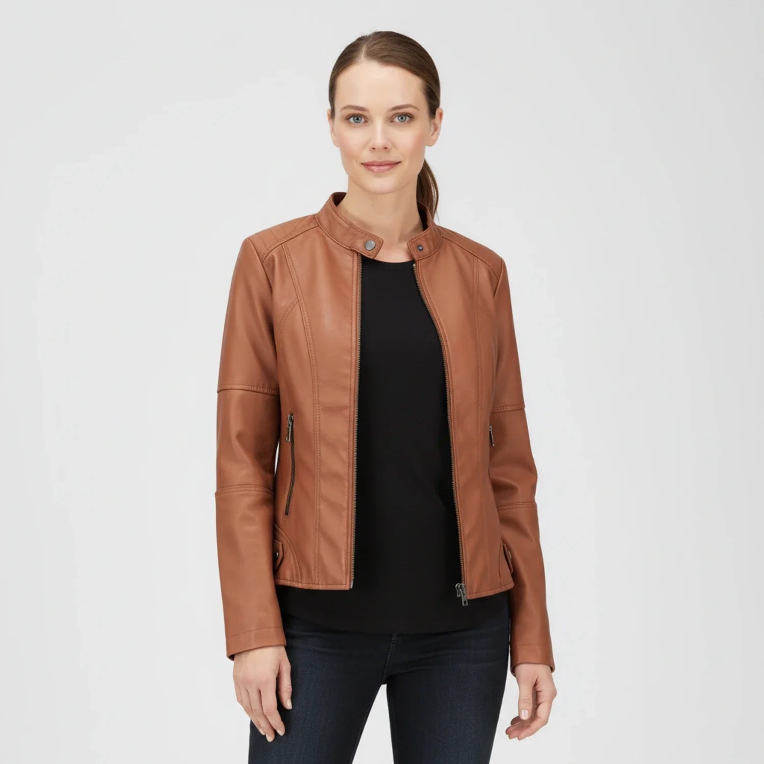Luvrefashion | Ladies' Motorcycle Biker Jacket with Zippered Pockets in Black - image 16
