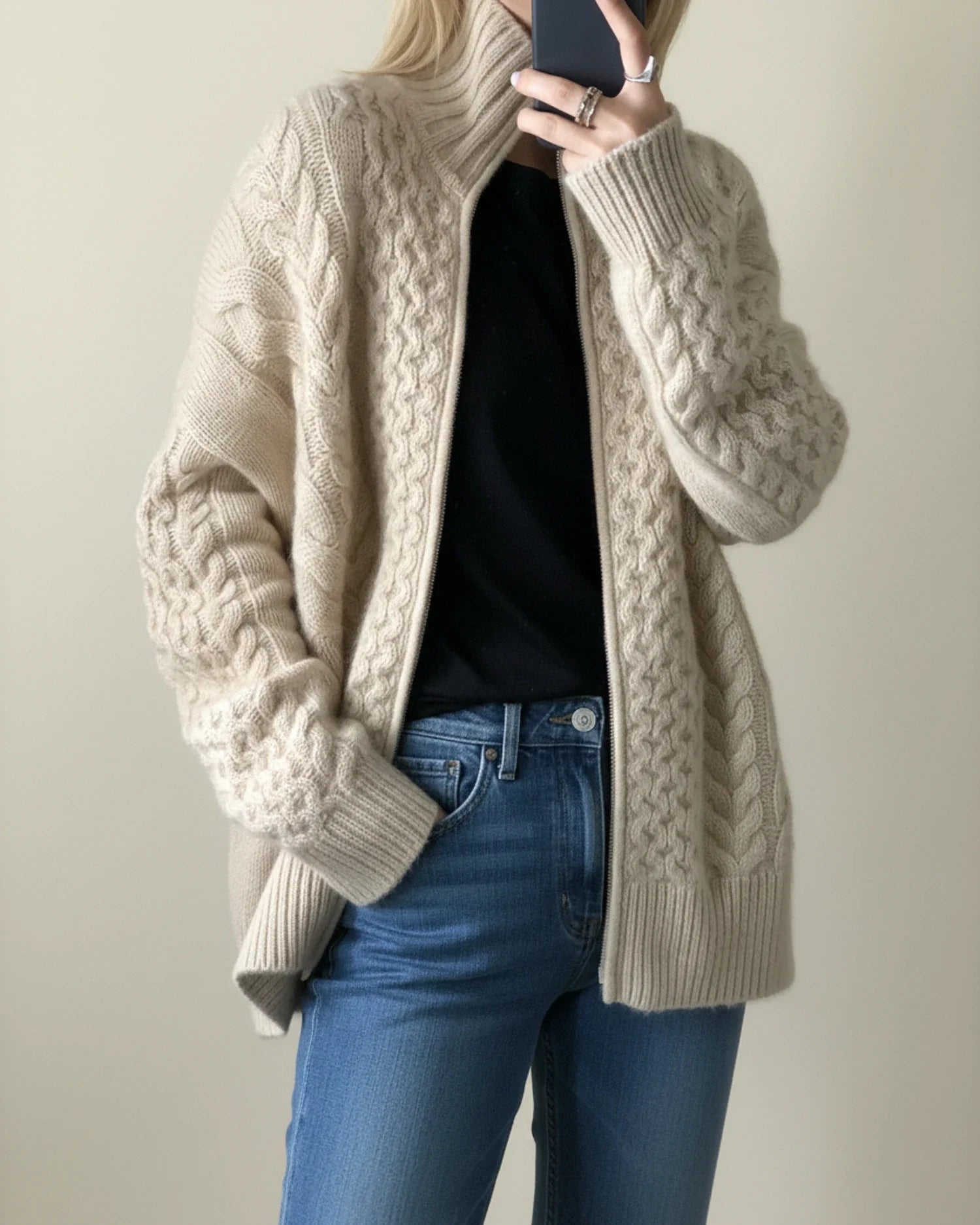 Zippered Knit Sweater for in Beige - front view