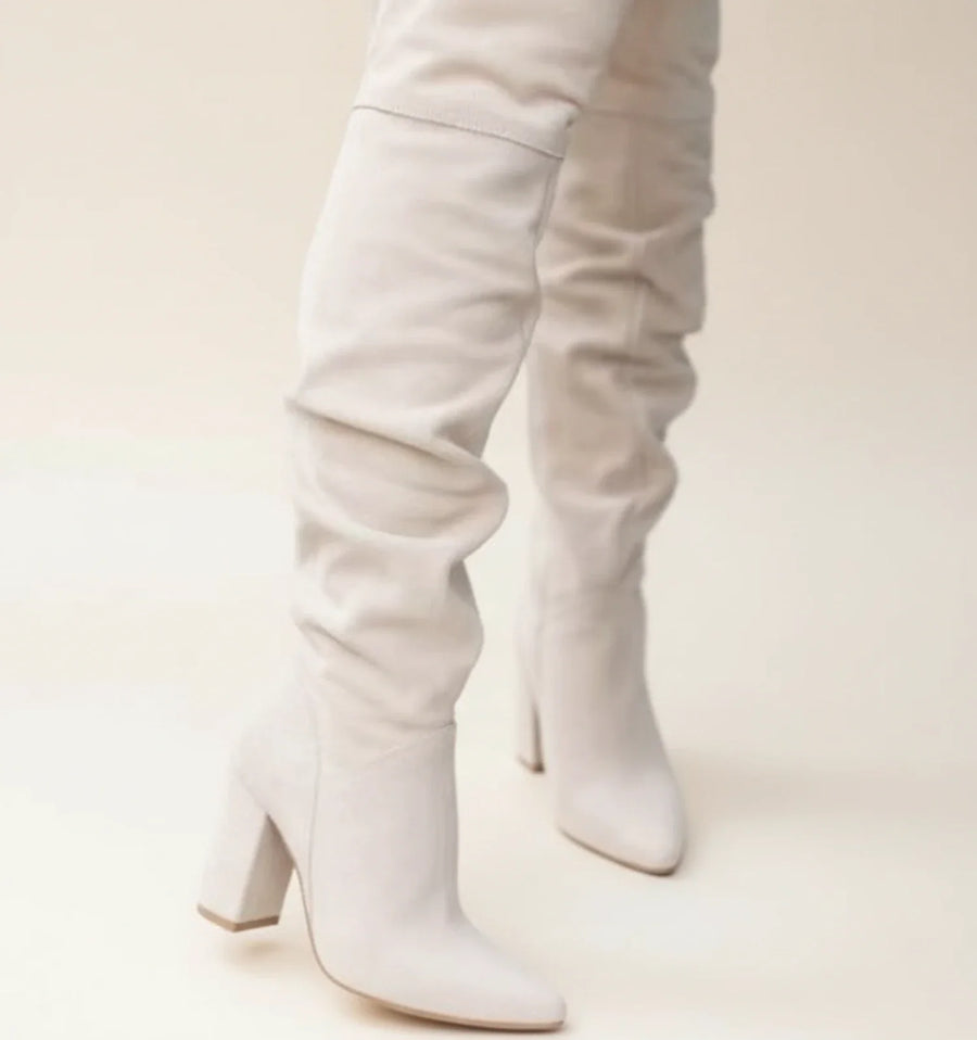 Luvrefashion | Block Heel Knee High Boots for in Beige - front view