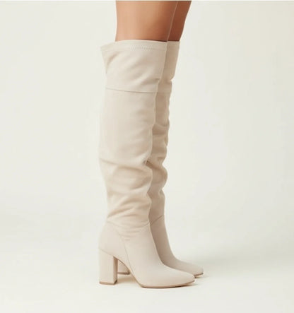 Block Heel Knee High Boots for in Beige - side view