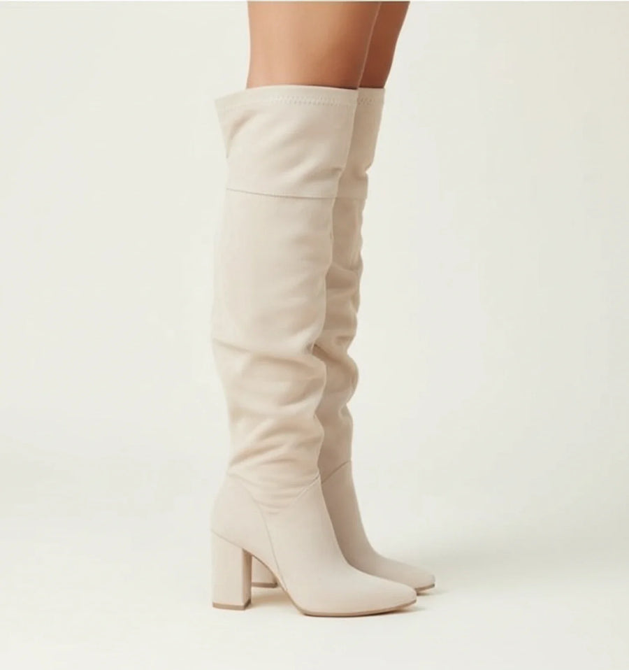 Luvrefashion | Block Heel Knee High Boots for in Beige - side view