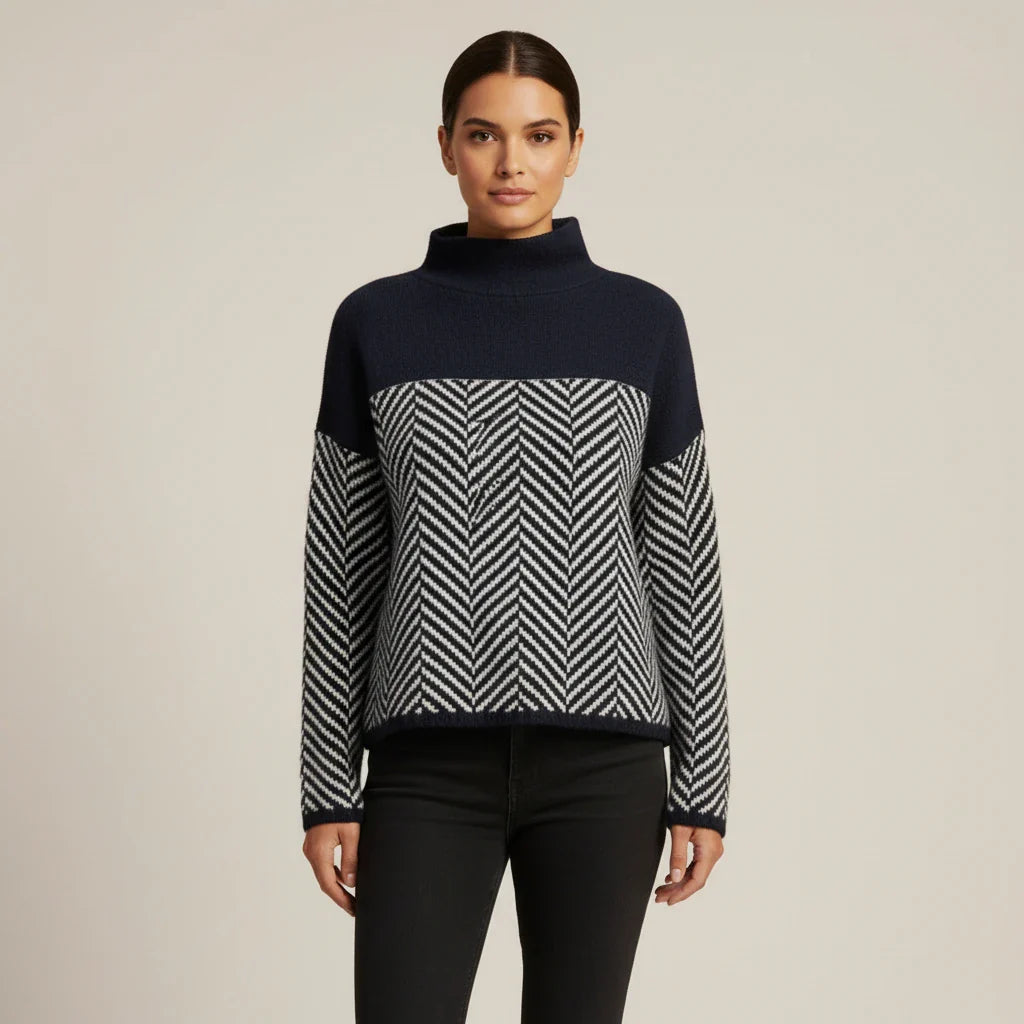 Luvrefashion | Ladies' Color Block Turtleneck Sweater in Navy Blue - front view