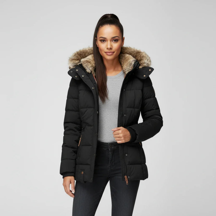 Luvrefashion | Quilted Puffer Jacket with Hood for in Black - front view